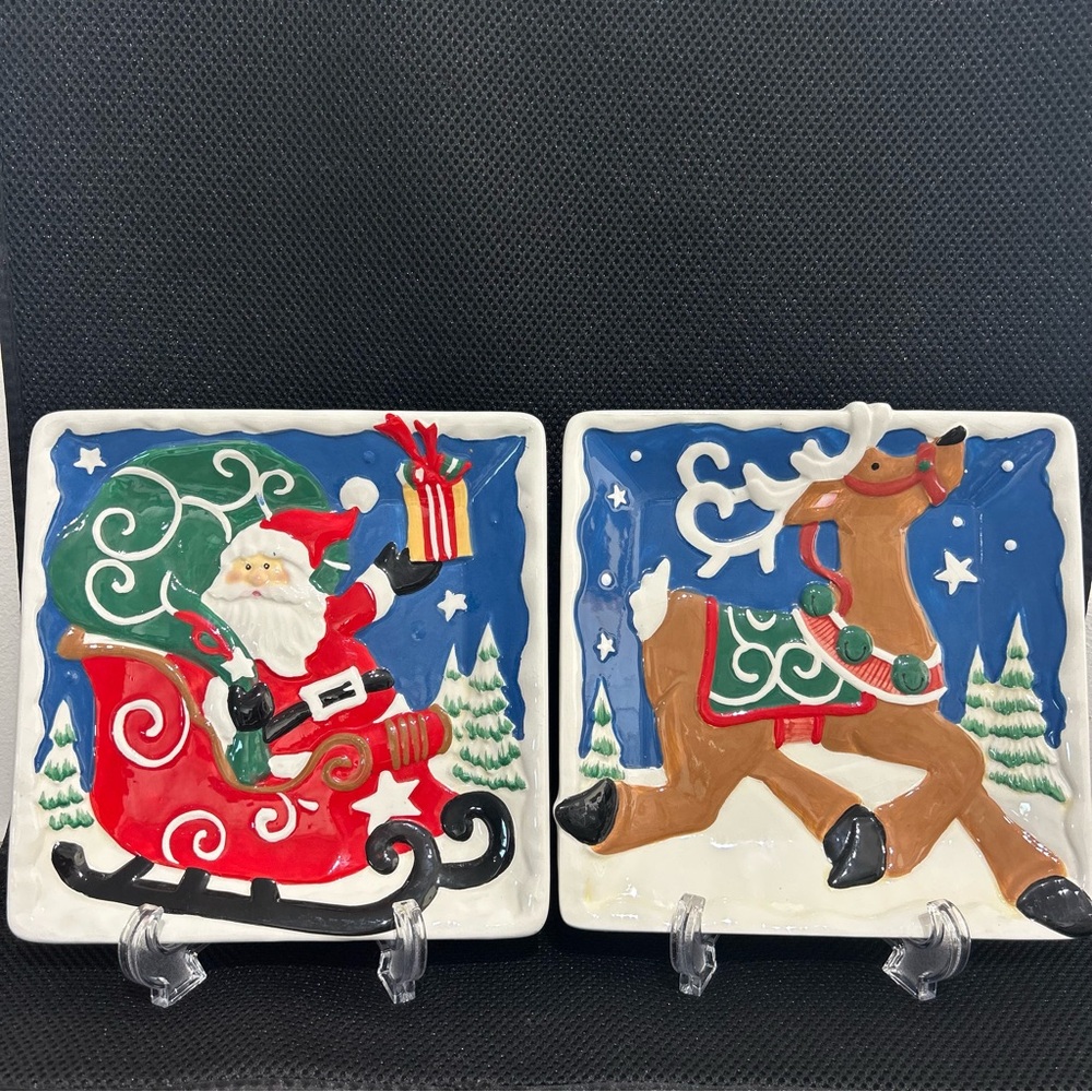 American Atelier Santa & Reindeer Cookie Snack Plates Set Of 2 - 7 1/2” x 7 1/2”